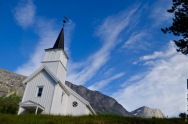 Little white Norwegian church in the Skjomen valley